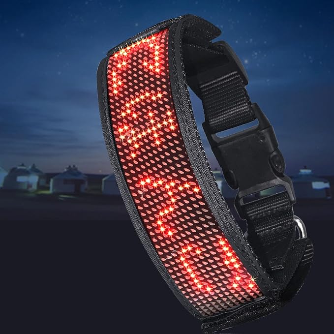 Programmable LED Dog Collar with 7 Flashing Modes Rechargeable High Visibility Polyester Ribbon for Night Walks Red