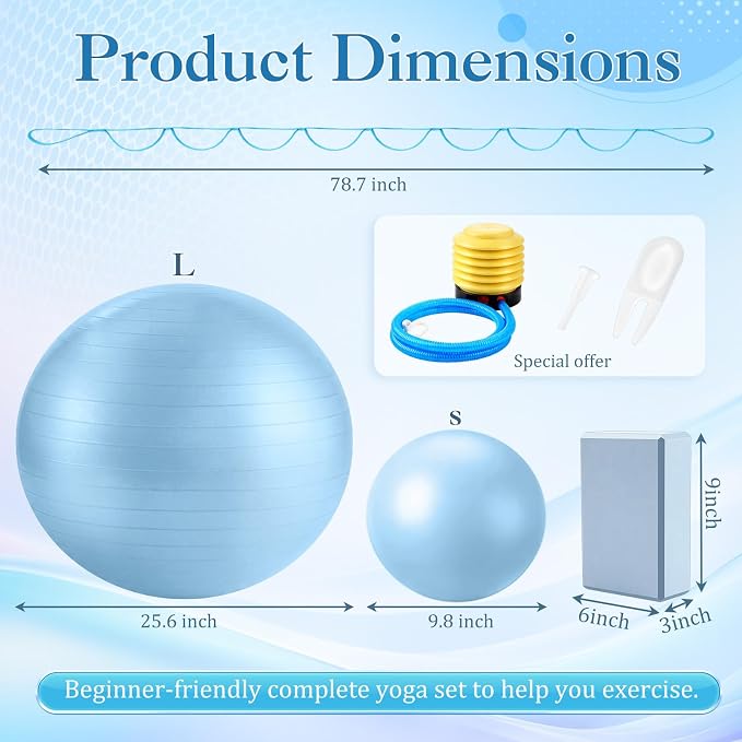 Pilates Set with 2 Yoga Exercise Balls (25.6”&9.8”), Yoga Block, Stretch Strap & Foot Pump, Stability Fitness Ball Kit for Home Gym Equipment Workout Pregnancy Physical Therapy