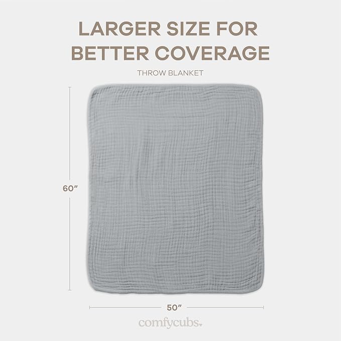 Comfy Cubs Adult Muslin Blanket 50x60” Throw Swaddle Blankets, Heather Blue | 6 Layer Soft, Breathable & Lightweight Muslin Adult Blanket - Machine Washable & Designed in the US Bedding for All Seasons