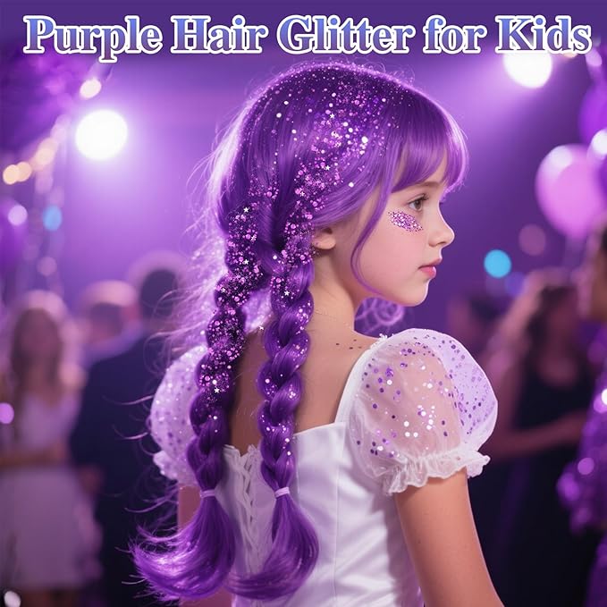 Purple Hair Glitter Stick,Purple Body Face Glitter Singer Concert Outfits for Women,Rave Accessories Carnival Chunky Sequins,Waterproof Shimmer Body Paint for Kids