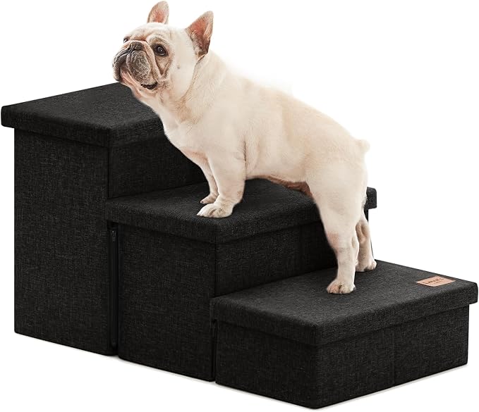 Love's cabin Dog Stairs for High Bed, Foldable Pet Stairs for Small Medium or Large Dogs Puppy with Storage for Bed or Couch, Cat Dog Steps Ramp with Zip up to 200 lbs, Black, 3 Steps