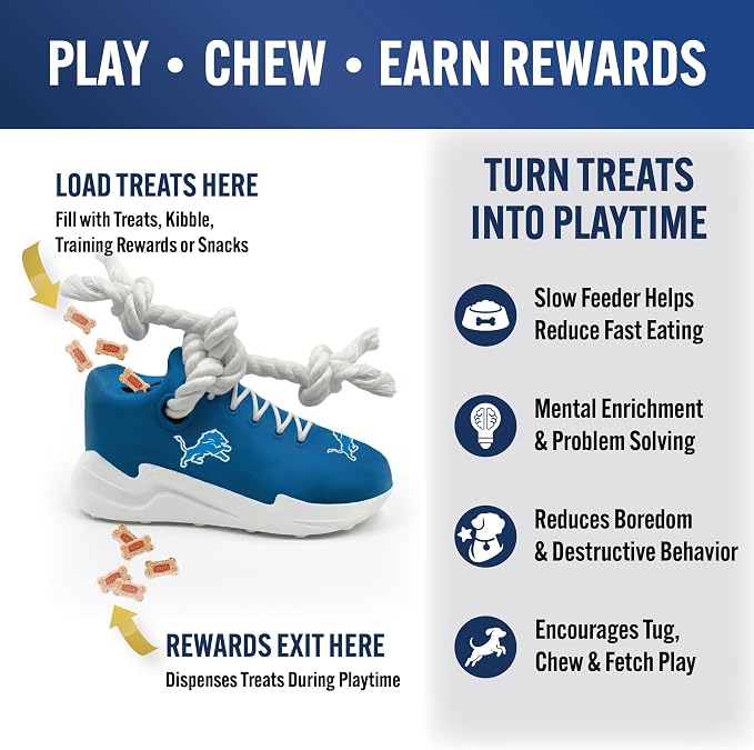 Pets First NFL Detroit Lions Cleat Sneaker Spike Dog Toy, Football Treat Dispenser Chew Toy for Dogs, Interactive Rope Tug Toy, Slow Feeder Natural Rubber Dog Toy with Official Team Logo