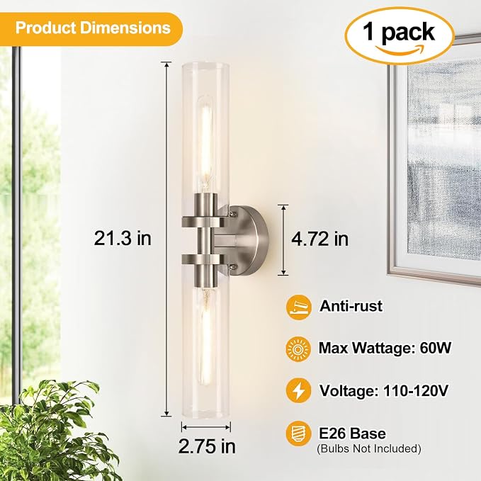 Indoi Brushed Nickel Wall Sconces, Hardwired Bathroom Sconces Vanity Light with Clear Glass, Modern Bathroom Vanity Lights fixtures for Mirror Bedroom Living Room Hallway Kitchen