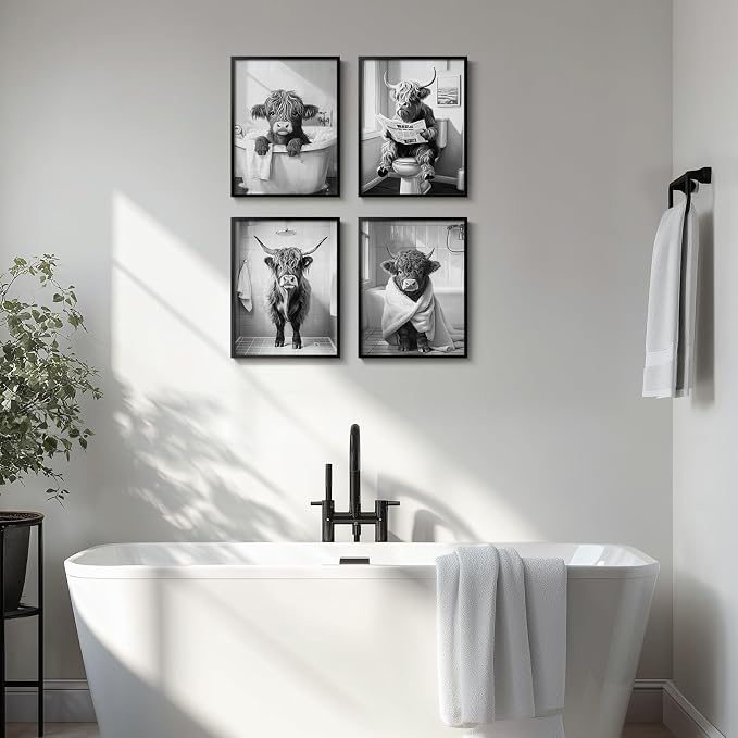 Framed Funny Highland Cow Bathroom Wall Art, 4 Piece Black and White Canvas Painting Prints, Fun Western Cow on Toilet in Bathtub Picture for Western Rustic Farmhouse Bathroom Home Decor, 11x14 Inch