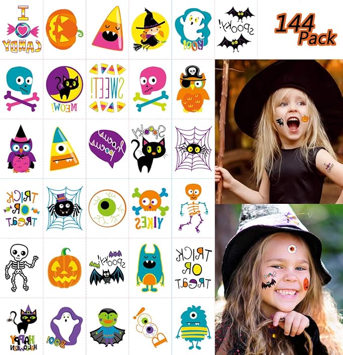 144 PCS Halloween Temporary Tattoos, Waterproof Pumpkin Tattoos Stickers for Kids Children Party Favors, 72 Patterns Multicolor