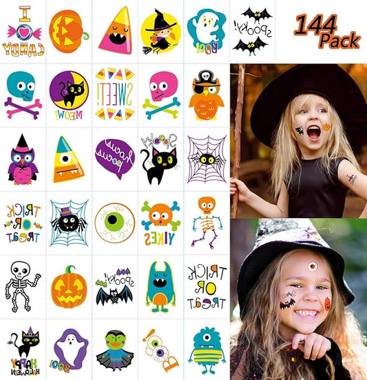 144 PCS Halloween Temporary Tattoos, Waterproof Pumpkin Tattoos Stickers for Kids Children Party Favors, 72 Patterns Multicolor