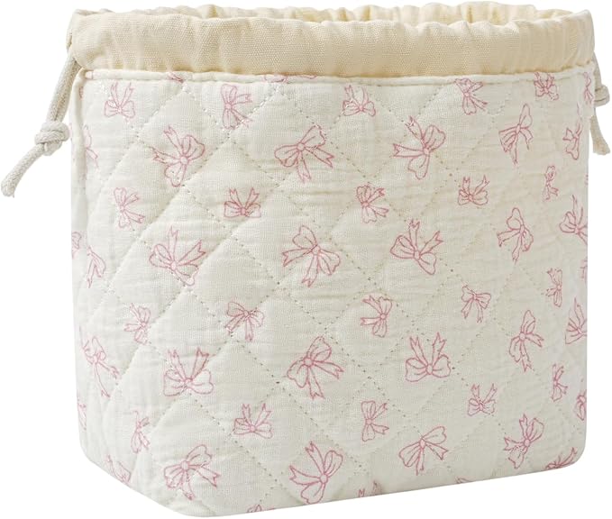 Cotton Quilted Drawstring Makeup Bag with Canvas Lining,Coquette Aesthetic Cute Travel Toiletry Bag,Drawstring Gift Bag for Women and Girls（12White Small Bow）