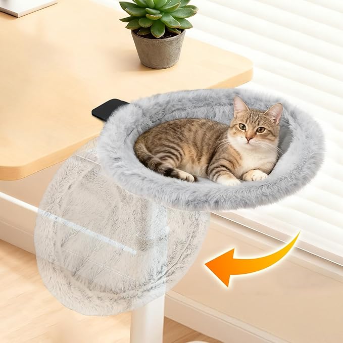 Pawaboo Cat Desk Bed, One-Click Foldable Sunken Cats Hammock up to 40lbs | Cat Side Table Beds with Soft Plush, Reversible & Washable Hanging Cats Bed with Steel Clamp for Game Office Home Desktop