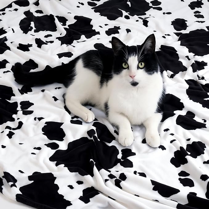 Cozy Bliss Cow Print Throw Blanket for Bed - Fuzzy Thick Soft Warm Fleece Blankets for Couch & Bed, for Women Men Girls Kids, Black & White Twin Size 60"*80"