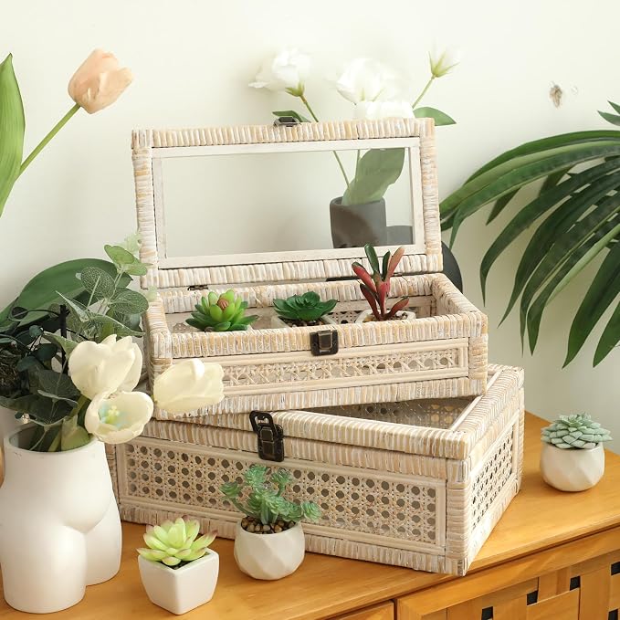 Set of 2 Rattan and Cane Stacking Boxes ,12" and 14", White Wash | With Glass Top Lid - For Boho and Rustic Farmhouse Decor