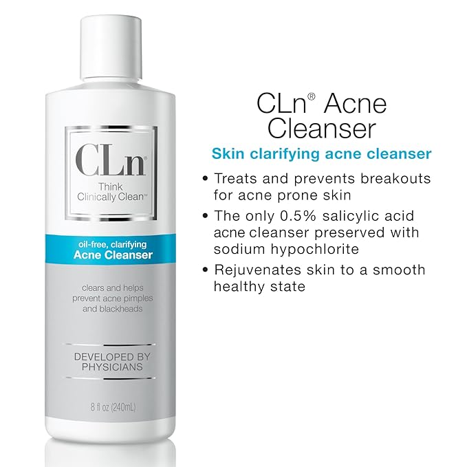 CLn® Acne Cleanser-The Only Cleanser with 0.5% Salicylic Acid Preserved with Sodium Hypochlorite for Clarifying Skin from Blackheads & Breakouts, Oil-Free & Fragrance-Free, 8 fl oz (Pack of 2)