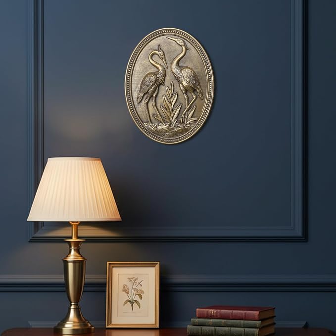 Vintage Crane Wall Sculpture, Antique Wall Decor, Crane Wall Art, Hand Painted Wall Decoration with Embossed Couple Birds Design, Heron Wall Art, Vintage Wall Decor for Living Room Bedroom Dining Room Hallway, Housewarming Gifts