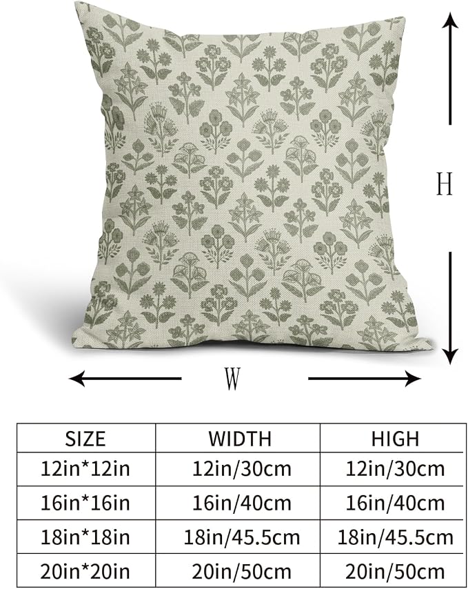 Sage Green Floral Pillow Covers 24x24 Inch Set of 2, Vintage Flower Block Print Pattern Decorative Throw Pillowcases Outdoor Farmhouse Cushion Covers Spring Summer Rustic Sofa Couch Bed Decor