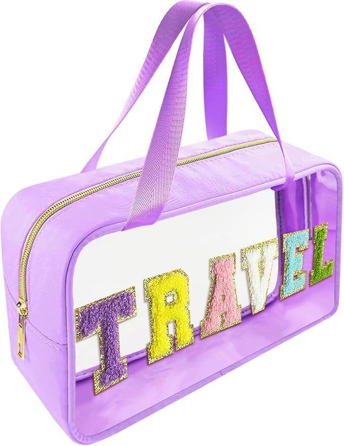 Bunliuys Chenille Letter Clear Makeup Bag Travel Patch, Travel Toiletry Makeup Bag with Handle, Nylon Waterproof Makeup Bags clear cosmetic bag, preppy patch makeup bag for Women (TRAVEL-Violet)