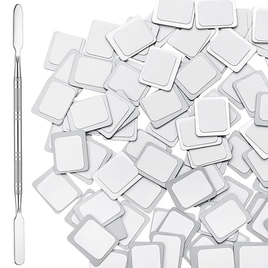 Sumind 101 Pack Metal Stickers for Eyeshadow Palette Set, Includes 1 Makeup Depotting Tool, Adhesive Empty Metal Makeup Colorful Palette Stickers(100 Pcs Square)