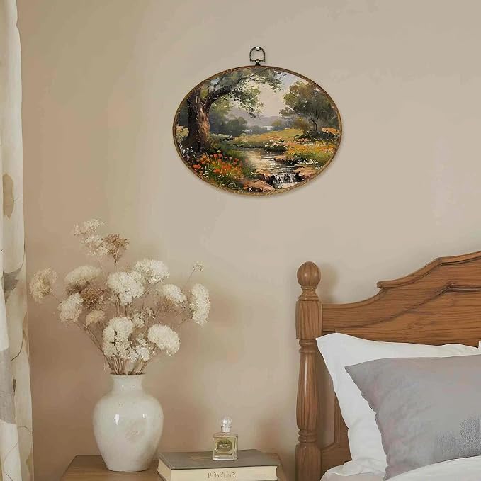 LKETW Vintage Rustic Cottagecore Oval Wall Art Decor, Farmhouse Cottage Oval Canvas Hanging Decor, Country Floral Botanical Landscape Wall Decorations for Home Bedroom Living Room, 11.4x8.6 Inch