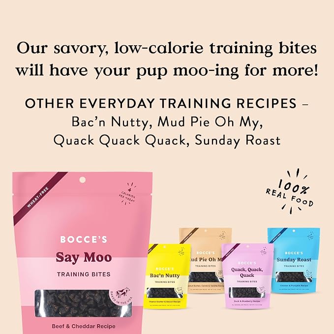 Bocce's Bakery Say Moo Dog Training Treats, Beef & Cheddar Flavor (6 oz) | Oven Baked, Wheat-Free Everyday Dog Training Treats - Made with Real, Limited Ingredients and Baked in The USA