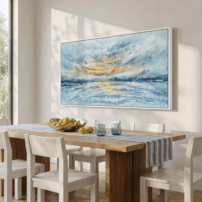 Extra Large Framed Blue Coastal Abstract Wall Art for Living Room, 36x72 In | Blue gold canvas prints, Horizontal landscape paintings, Modern artwork for walls, Picture wall decor for bedroom dining room