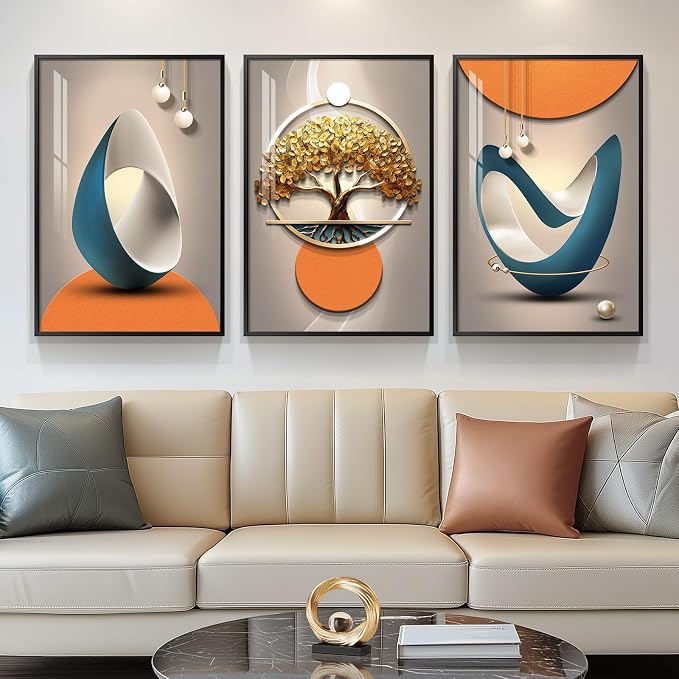 Framed Modern Large Wall Art, Bright Style Paintings Artwork for Walls, Set of 3 Piece Contemporary Luxury Wall Art Prints, Big Pictures for Living Room Bedroom Office Wall Decor 16x24 Inch
