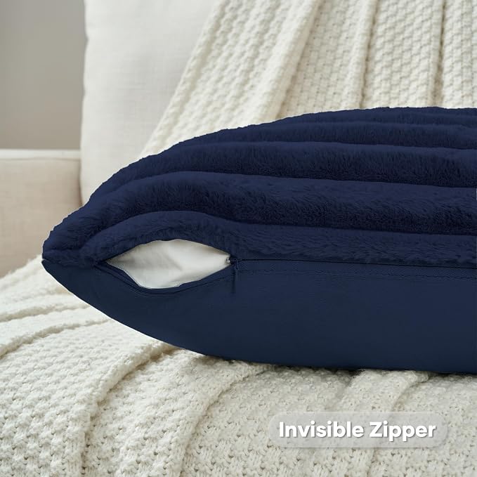 FUTEI Pack of 2 Faux Fur Throw Pillow Covers 22x22 Inch, Dark Navy | Fluffy Faux Rabbit Fur Front/Premium Velvet Back,Hidden Zipper,Machine Washable,Non-Shedding,Colorfast,Insert Not Included.