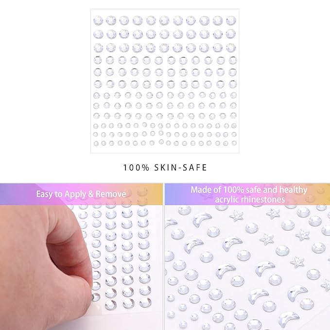 SAOROPEB 5 Sheets Face Gems Face Jewels Stickers, Self Adhesive Eye Body Face Nail Crystal Rhinestones Rainbow for Women Festival Accessory and Nail Art Decorations