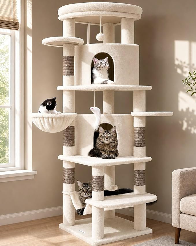 Globlazer 66inch Corner Cat Tree Tower for Indoor Large Cats, C66, Beige | Space-Saving Stable Adult Cat Tower with 6 Scratching Posts, 2 Large Fan-shaped Condos & Top Perch, Hammock, Climbing Steps