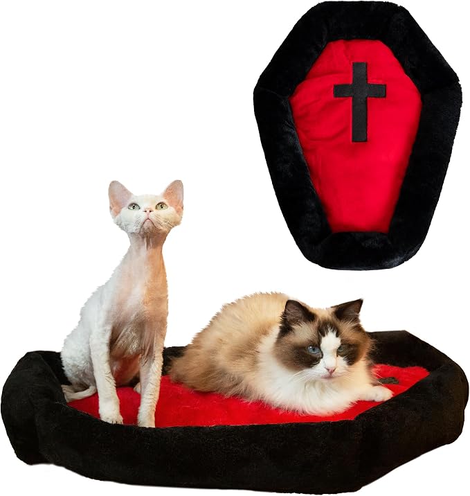 Gothic Coffin Cat Bed for Large Cats, Washable, Size: Small | Fits cats up to 20 lbs. Size: 24" x 16.9". Color options: Red & Black. Soft fabric, ideal Halloween decor.