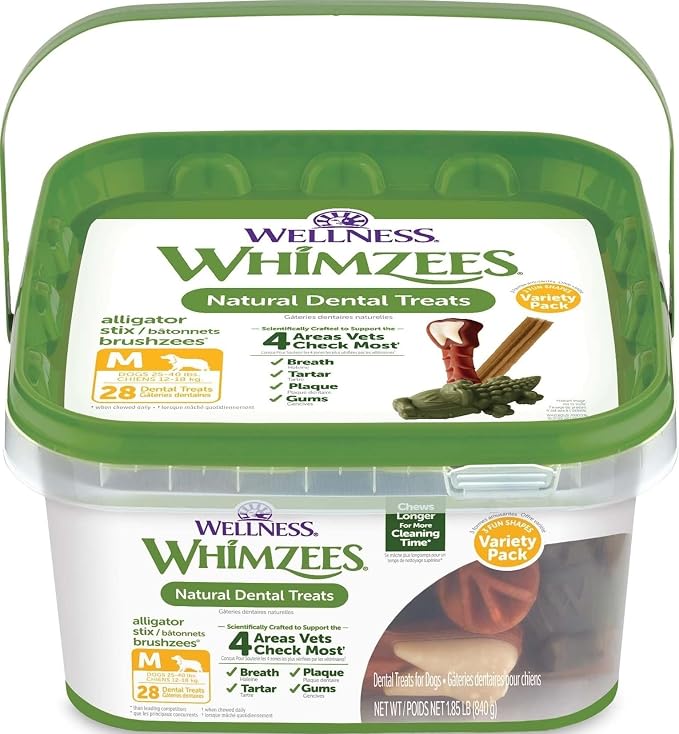 Whimzees Wellness Variety Pack Natural Dog Dental Treat, Chews, Freshens Breath, Medium Size, 29.6 oz Box, 28 Count