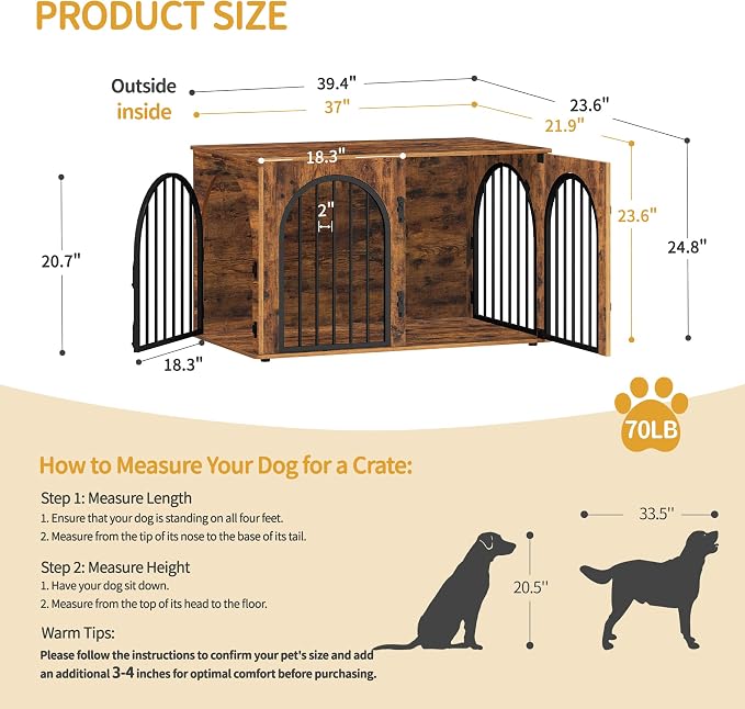 Hzuaneri 39.4'' Dog Crate Furniture,Dog Kennel Indoor for Medium/Large Dogs | Dog Kennel Furniture Wooden Dog Cage Heavy Duty Dog Crate Decorative Pet House End Side Table TV Stand,Rustic Brown DFC84101B