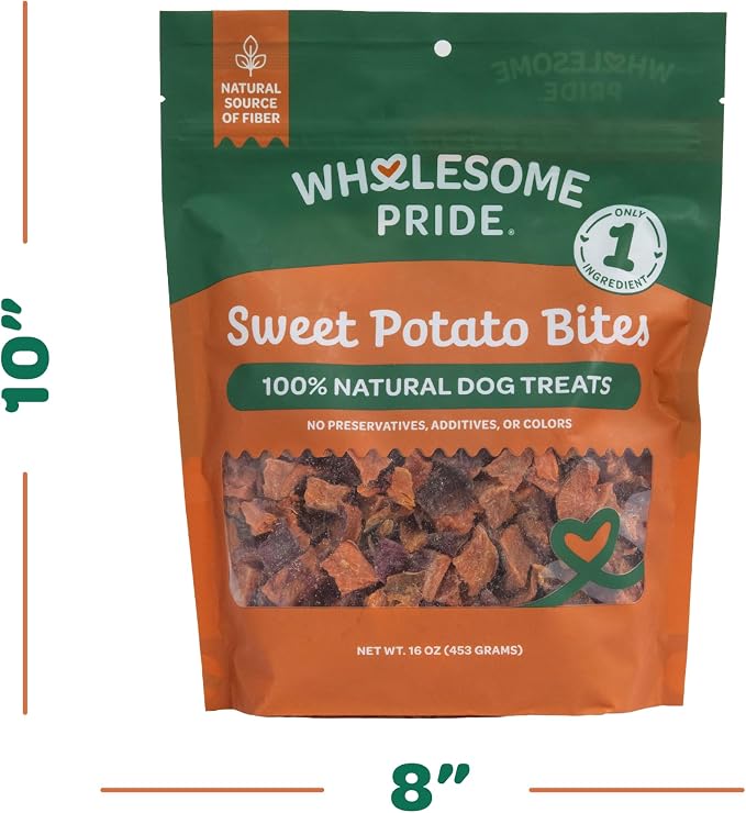 Wholesome Pride Sweet Potato Bites Healthy Dog Treats, 1 Ingredient, 16 oz | No Preservatives, 100% Sweet Potato, Gently Dehydrated, Supports Digestion, No Grain or Gluten, Training & Rewarding