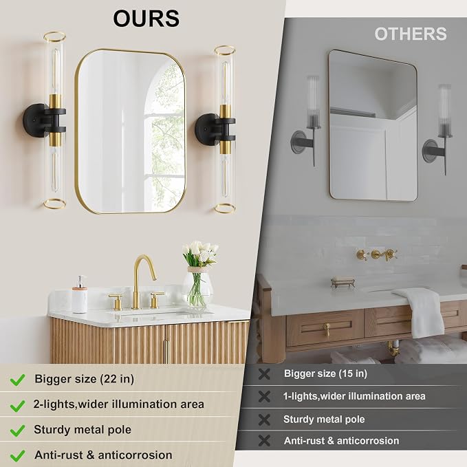 Wall Sconces Set of Two, Black and Gold Bathroom Wall Sconces with Clear Glass,Hardwired Modern Sconces Wall Decor Set of 2 Wall Light for Bathroom Mirror Bedroom Living Room Hallway Vanity
