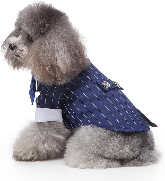 GabeFish Pets Wedding Jackets Suit for Dogs with Bow Tie Puppy Cat Formal Clothes Shirt Tuxedo (BlueStriped, M (Chest 15.3in/39cm)