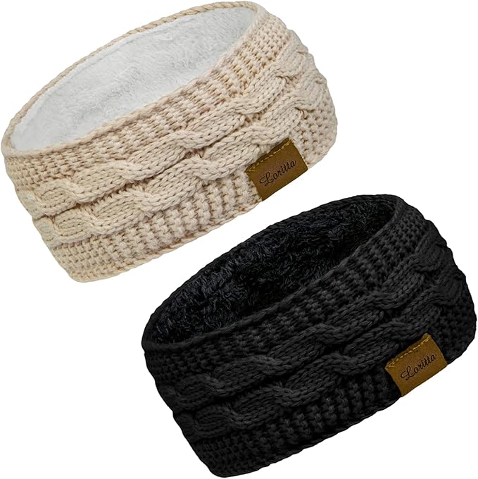 Loritta 2 Pack Headbands for Women Winter Warm Cable Knit Ear Warmer Thick Head Wrap Fuzzy Fleece Lined Gifts