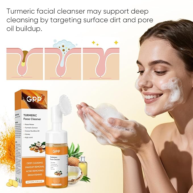 4Pcs Turmeric Soap & Turmeric Face Wash with Brush Skin Care Set, Lemon Turmeric Soap for Face & Body, Daily Facail Cleanser for All Skin Types, Deep Cleansing Turmerics Wash and Care Set