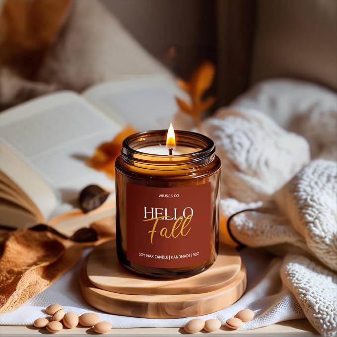 Hello Fall Pumpkin Candle for Home Scented| Organic Soy Non Toxic Candles| Long Clean Burning Aromatheraphy Jar Candel| Women,Men Gift for Autumn,Winter, Halloween,Thanksgiving,Relaxing| 9oz