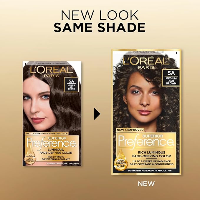 L'Oreal Paris Superior Preference Luminous Fade-Defying Permanent Hair Color, Hair Dye For Up to 9 Weeks of Radiance, Medium Ash Brown 5A, 1 Hair Dye Kit
