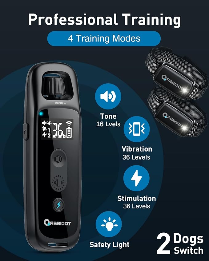ABBIDOT Shock Collar for 2 Dogs - 4 Training Modes Dog Training Collar, 3300Ft Range, IPX7 Waterproof, Nihgt Light, Rechargeable E-Collar for Small Medium Large Dogs (15-120 lbs),Onyx Black