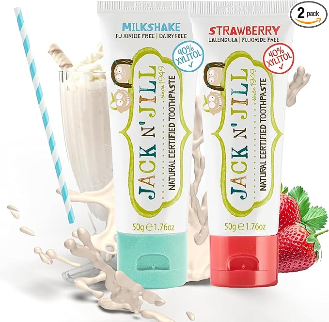 Jack N' Jill Natural Toothpaste for Kids - Fluoride Free Toothpaste, 40% Xylitol, BPA Free - Strawberry & Milkshake, 1.76 oz (2 Pack)
