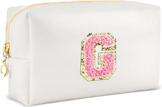 URSKYTOUS Initial Makeup Bag Personalized Preppy Travel Small Cosmetic Bag Cute PU White Chenille Letter Makeup Pouch for Purse Waterproof Zippered Toiletry Organizer for Women Girls Kids Friends (G)