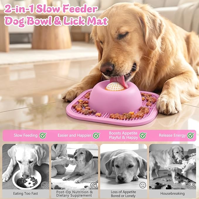 Slow Feeder Dog Bowls & Lick Mat for Liquid and Thick Treat, Anti-Slip Dog Lick Bowl with Interactive Rolling Ball, 5/6 Cup Pup Licking Toy for Large Medium Small Dogs and Cats-Large Pink