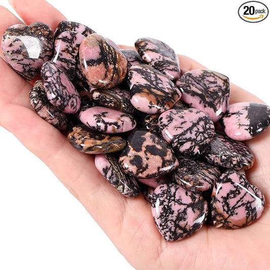 20 PCS Rhodochrosite Natural Heart Healing Crystals Cute Polished Crystal Black Line Rhodolite Stones Palm Love Heart Pocket Set Reiki Energy Balancing Meditation Valentine's Day Gift Women