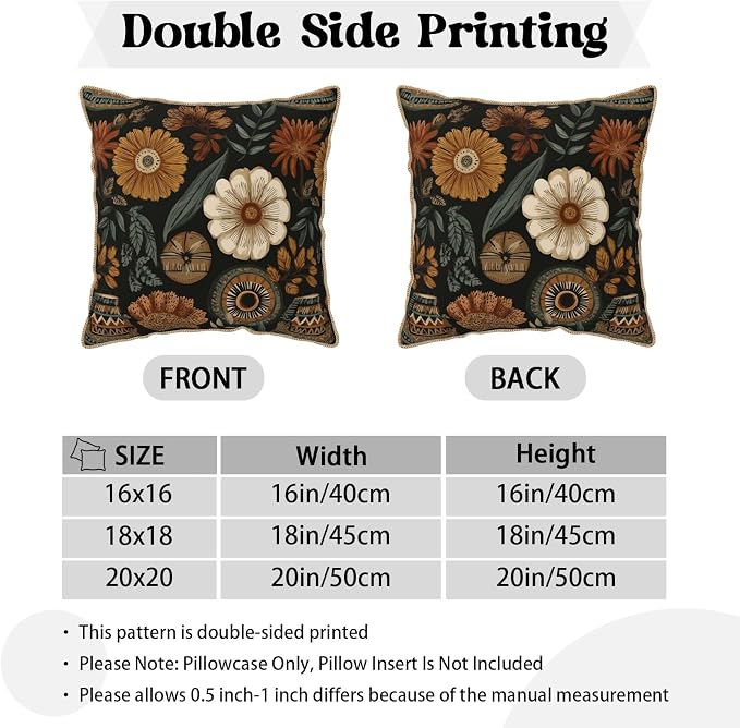 Vintage Boho Flower Velvet Pillow Covers 18x18 Inch Brown Green Retro Floral Throw Pillows for Couch Cushion Covers Pillowcase Bohemian Farmhouse Pillow Cases for Sofa Bed Living Room