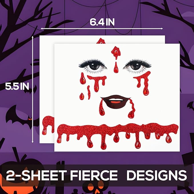 Vampire Face Jewels Face Gems Jewel Halloween Stick On Blood Costume Crystal Bleeding Face Gems, Scar Tatoo Fake Red Blood Gem Tattoo Stick on, 2-Pack