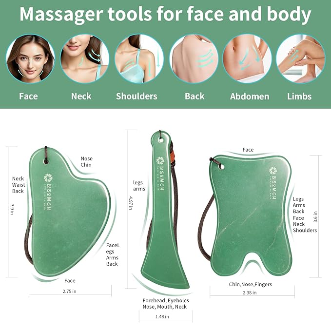 Lusomch 3PC Gua Sha Tools Set - Natural Nephrite Jade Facial & Body Stones, Hypoallergenic Skin Care Kit with Adjustable Cord & A Thoughful Acessory Pouch