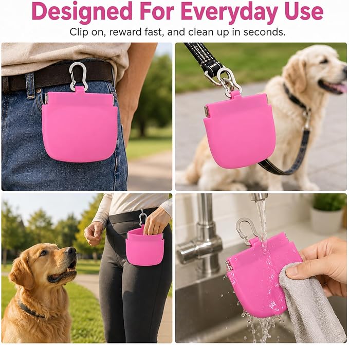 Silicone Dog Treat Pouch for Pet Training One-Hand Access One Cup Silicone Treat Bag with Pull Tab and Auto Closing Lid Treat Pouches for Leash(Color: Pink)