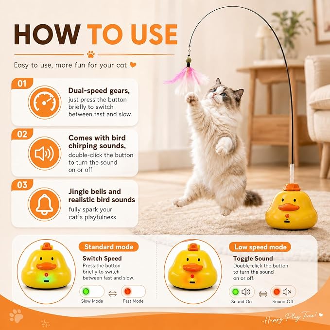 Automatic Cat Toys, Interactive Cat Toys for Indoor Cats | 360° Rotating Moving Cat Fishing Pole Toy, 2 Speeds with Bird Sound, 8cm Suction Cup & Weighted Base
