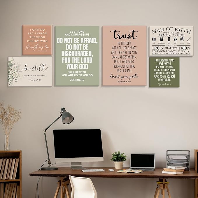 Framed Motivational Christian Bible Verse Wall Art, Set of 6 Religious Scripture Canvas Wall Decor for Prayer Room Church, Biblical Pictures for Bedroom Home Office, Christian Gifts