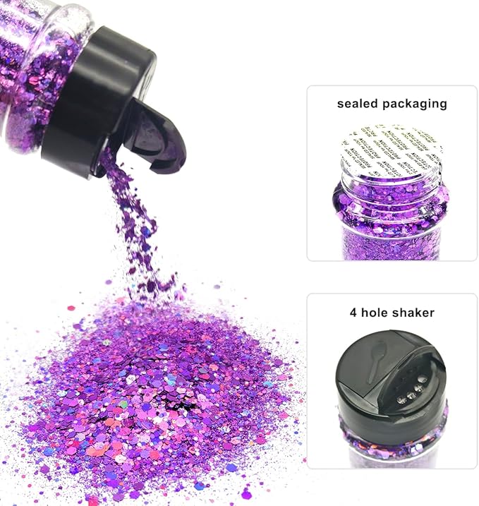 Grape - Light Purple - Craft Glitter - 2oz Glitter Shaker Bright Colorful Holographic Mix Chunky Body Glitter Bulk Wholesale 24 Colors in Shaker Cosmetic Glitter - EBLB802