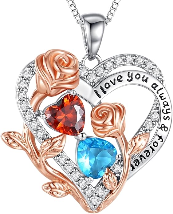 I Love You Birthstone Necklace, 925 Sterling Silver Heart Pendant with CZ Diamond Stones, Birthday Gifts for Women, Romantic Gift for Wife, Girlfriend, Her, Anniversary, Valentine's Day, Christmas