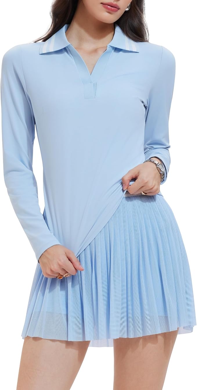 Mudere 2 Piece Golf Outfits for Women Tennis Skirt Set Built-in Shorts | Deep V-Neck Lapel, Silky Breathable High Stretch Fabric, Side Pockets, Activewear, Athletic Wear